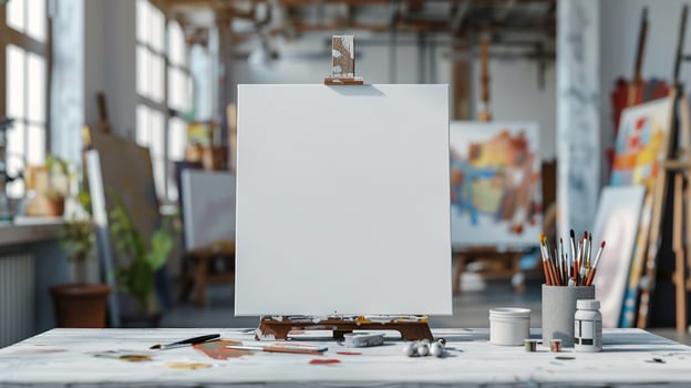 AI generated Blank white canvas on tabletop with blurred art supplies background ideal for showcasing art or craft products photo