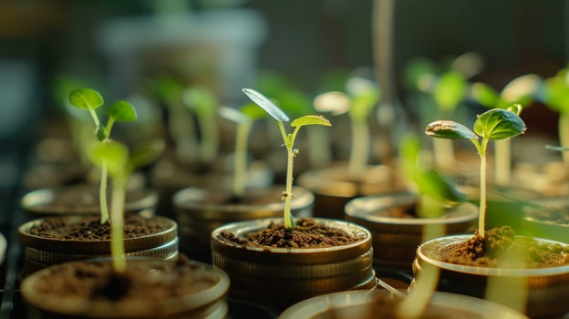 AI generated Sprouts Growing on Coin Stacks Looping Green Business Growth Recycling Renewable Energy Environmental Consciousness Concept photo
