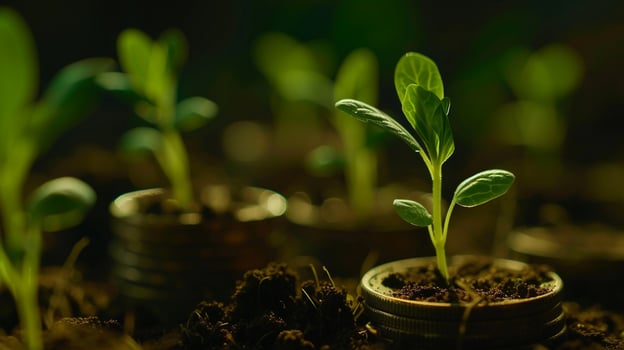 AI generated Sprouts Growing on Coin Stacks Looping Green Business Growth Recycling Renewable Energy Environmental Consciousness Concept photo