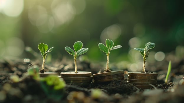 AI generated Sprouts Growing on Coin Stacks Looping Green Business Growth Recycling Renewable Energy Environmental Consciousness Concept photo