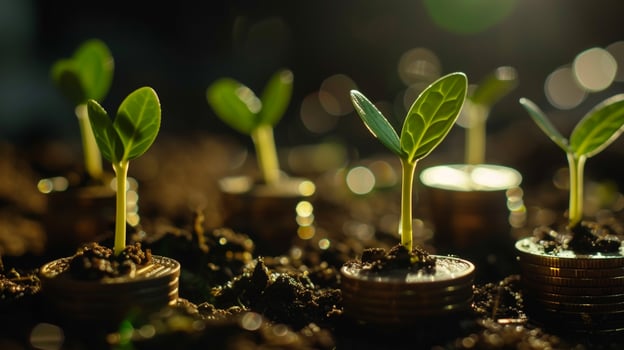 AI generated Sprouts Growing on Coin Stacks Looping Green Business Growth Recycling Renewable Energy Environmental Consciousness Concept photo