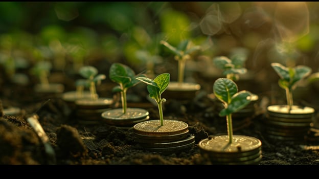 AI generated Sprouts Growing on Coin Stacks Looping Green Business Growth Recycling Renewable Energy Environmental Consciousness Concept photo