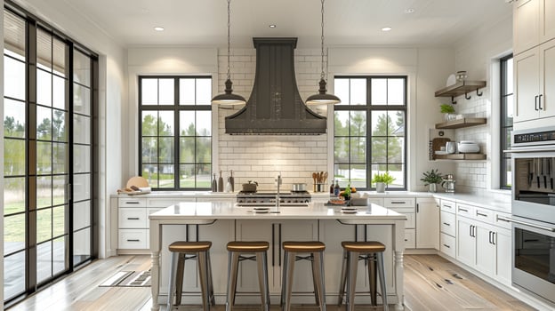 AI generated interior bright spacious and modern farmhouse style kitchen design photo
