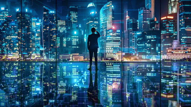 AI generated A businessman standing in front of a city skyline contemplating future business endeavors with a vision board in hand photo