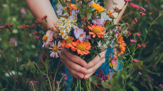 AI generated A pair of hands holding a freshly picked bouquet of wildflowers against a backdrop of lush spring foliage photo