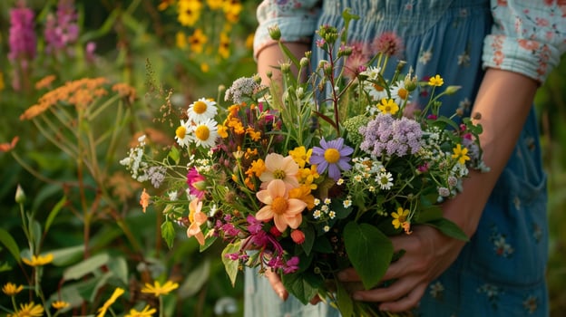 AI generated A pair of hands holding a freshly picked bouquet of wildflowers against a backdrop of lush spring foliage photo
