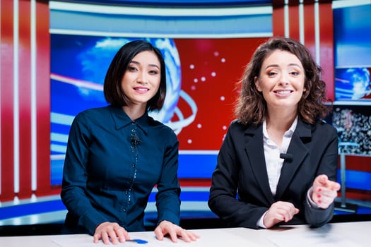 Morning talk show hosts present news, reporting live information about global events with professional tv reportage. Media journalists working on entertainment segment doing newscast. photo