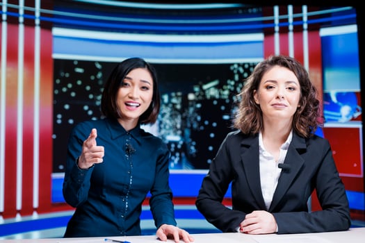 Diverse reporters talk about latest events live on television channel, hosting late night show with exclusive information and breaking news. Journalists media team presenting global issues. photo