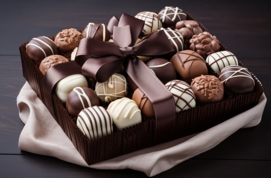AI generated A selection of chocolates arranged in a box adorned with brown and white ribbons, showcasing visually tactile surfaces. photo