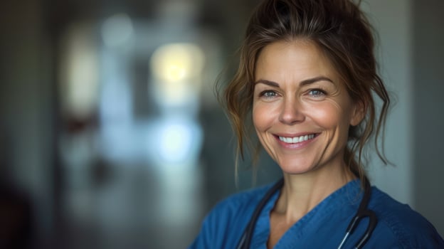 AI generated A compassionate nurse, in scrubs, smiles warmly, representing care and empathy in the healthcare profession photo
