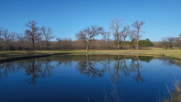 AI generated A crystal-clear pond reflects the azure sky and budding trees, creating a mesmerizing mirror of nature photo