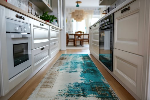 AI generated turquoise kitchen rug in the kitchen with white counters photo