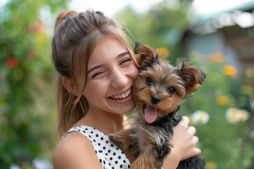 AI generated A young beautiful woman in a white dress with black polka dots is holding a Yorkshire terrier puppy in her hands photo