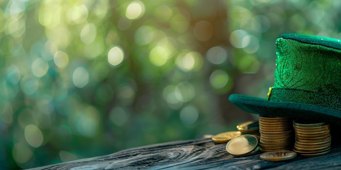 AI generated Glittering green leprechaun hat with stacks of coins against a bokeh background, related to St Patricks Day celebration photo