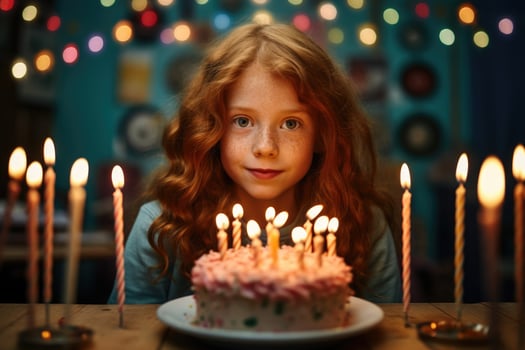 AI generated a redheaded young girl will blow out the candles on the birthday cake photo