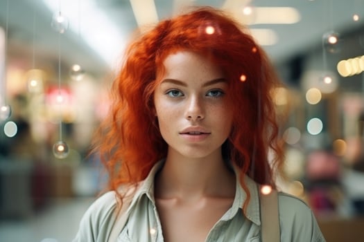AI generated Close-up of a beautiful white girl with red hair, dressed in stylish clothes, who looks at the camera and smiles photo