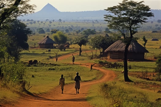 AI generated An African village. People walking along the road in Africa photo