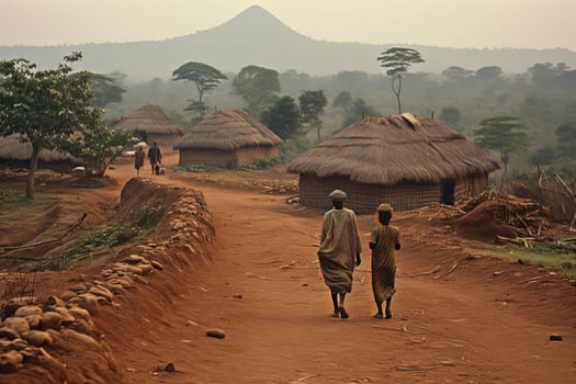 AI generated An African village. People walking along the road in Africa photo