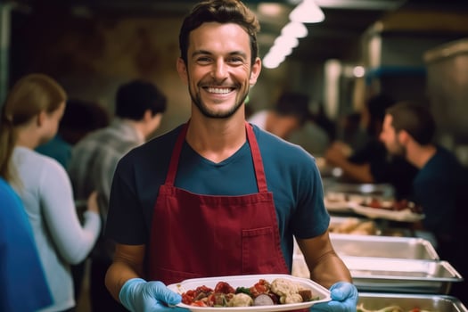 AI generated Smiling Young Chef Presents Delicious Plate in Dining Room photo