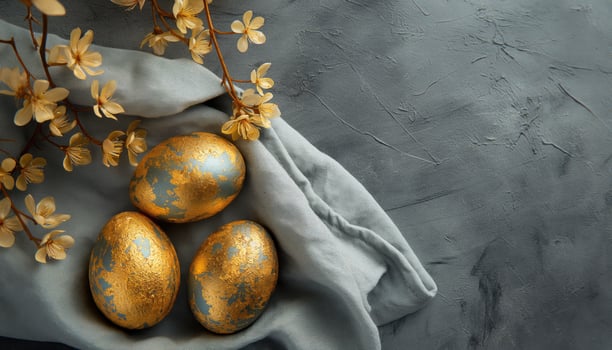 AI generated Golden easter eggs on blue silk background. Happy easter concept. photo