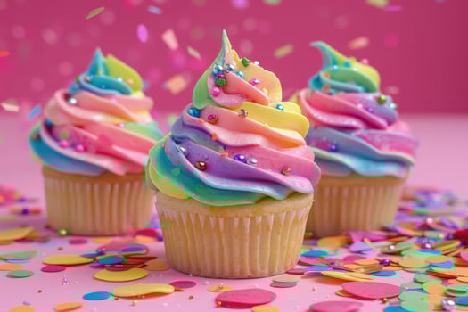 AI generated Colorful birthday dessert cupcakes with confetti on a pink background with fun party photo