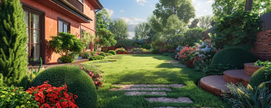 AI generated a beautiful backyard with flowers and shrubs photo