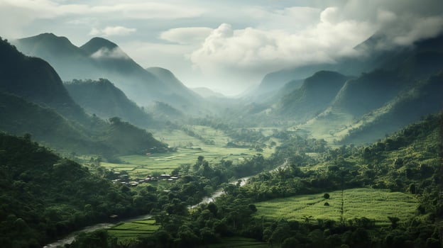 AI generated the mountains are covered in green vegetation and fog photo