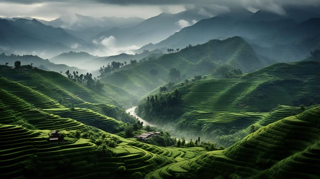 AI generated the mountains are covered in green vegetation and fog photo