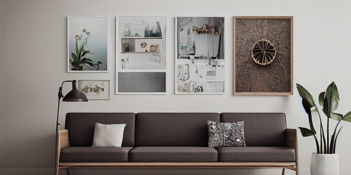 Stylish scandinavian living room with design mint sofa, furnitures, mock up poster map, plants and elegant personal accessories. Modern home decor. Bright and sunny room. Generative AI illustration. photo