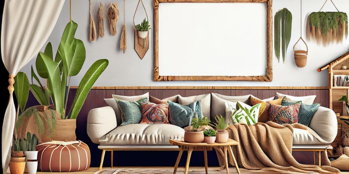 Stylish scandinavian living room with design mint sofa, furnitures, mock up poster map, plants and elegant personal accessories. Modern home decor. Bright and sunny room. Generative AI illustration. photo