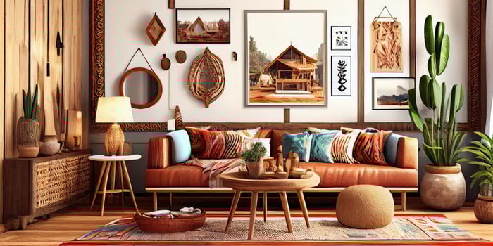 Stylish scandinavian living room with design mint sofa, furnitures, mock up poster map, plants and elegant personal accessories. Modern home decor. Bright and sunny room. Generative AI illustration. photo