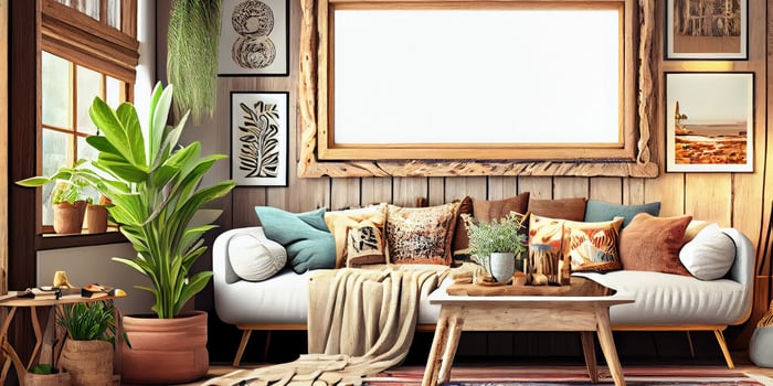 Stylish scandinavian living room with design mint sofa, furnitures, mock up poster map, plants and elegant personal accessories. Modern home decor. Bright and sunny room. Generative AI illustration. photo