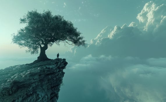 AI generated man tree isolated on the cliff by light photo