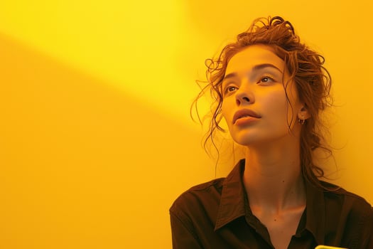AI generated woman hands up phone in front of yellow background photo