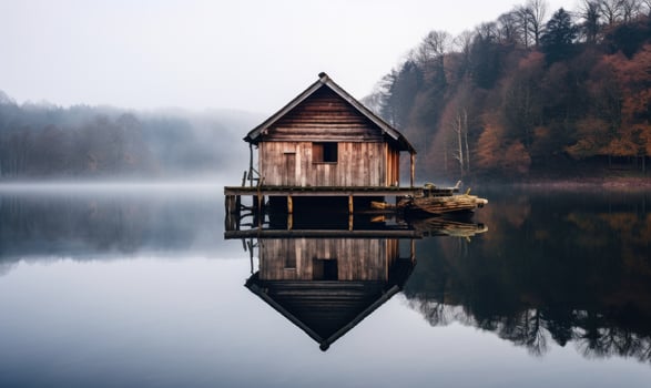 AI generated A Cozy Lakeside Retreat Surrounded by Nature's Serenity photo