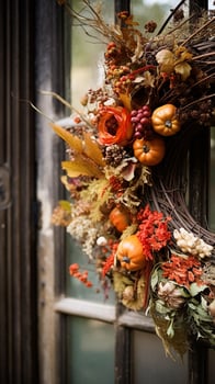 AI generated Autumn wreath decoration, autumn holiday season in the English countryside style, botanical autumnal decor photo