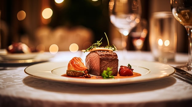 AI generated Exquisite main course meal at a luxury restaurant, wedding food catering and English cuisine photo