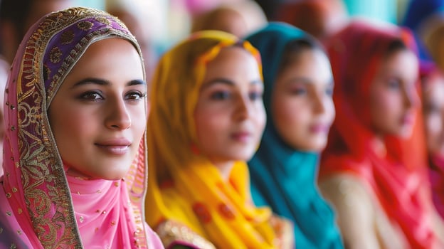 AI generated group of muslim women in traditional clothes looking at the camera. photo