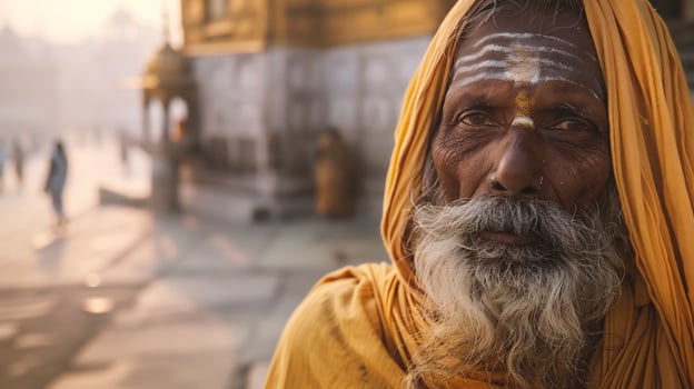 AI generated Portrait of a Sadhu at the temple in the morning photo