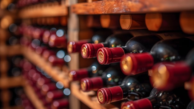 AI Generated wine racks in a luxury cellar, closeup with selective focus photo