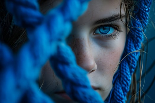 AI Generated female face tangled up in blue photo