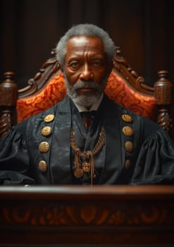 AI generated Portrait of serious senior judge wearing black robe sitting in courtroom photo