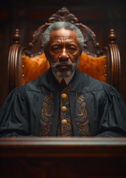 AI generated Serious senior judge in courtroom sitting on the chair photo