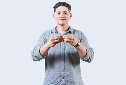 Person gesturing MORE in sign language isolated. Gesticulation of MORE in sign language. Deaf and dumb man gesturing MORE in sign language photo