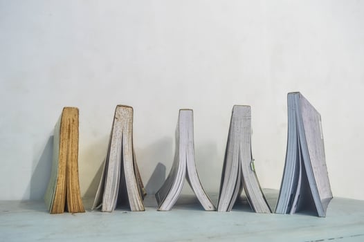 books neatly arranged to form a camp that depicts a study group photo