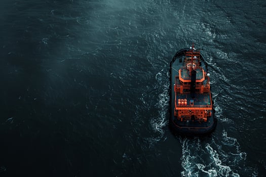 AI generated aerial view of a tug boat cruising the pier photo