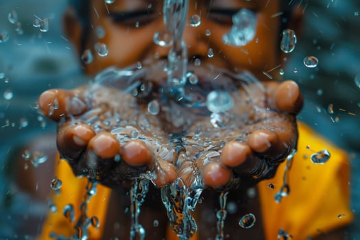 AI generated Close-up a child's hands catching flowing tap water. Generative AI. photo