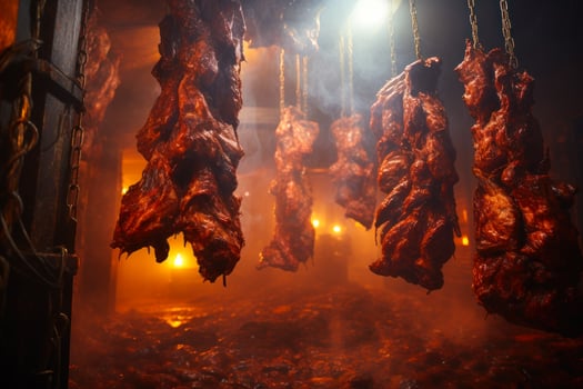 A large group of meat hanging from a hook photo
