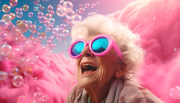 AI generated An elderly woman in sunglasses looks at flying soap bubbles. photo