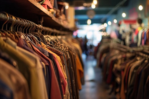AI generated Sustainable fashion concept. Clothes hanging on a rack in second-hand clothing store. Slow fashion. Fashion sustainability. Green fashion revolution. Sustainable fashion movement. photo